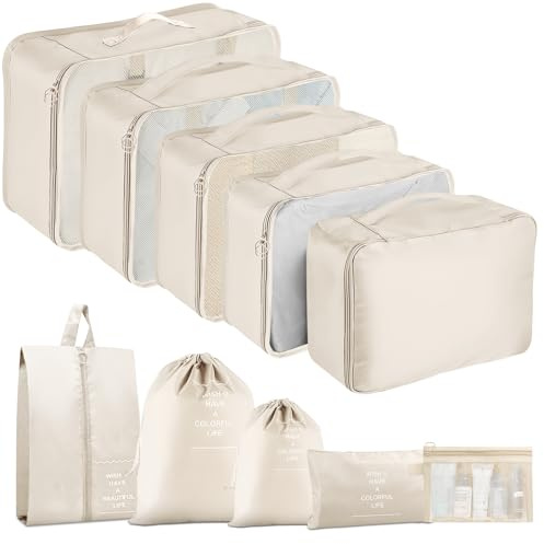 Packing Cubes for Suitcases, 10 pcs Travel Organiser Packing Bags for Clothes Shoes Toiletries Travel Luggage Organizers Storage Bags-Beige