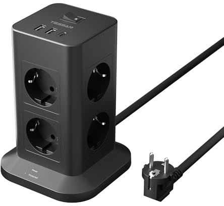 TESSAN Regleta Enchufe Proteccion Sobretension 8 Tomas con 2 USB A y 1 USB C, Torre Regleta Vertical con Interruptor, Alargador Enchufe 2 Metros, Torre Multiple 3600W para Mesa, Oficina, Casa, Negro