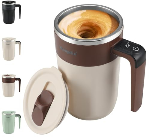 Mongdio Self Stirring Coffee Mug with Temperature Display, Rechargeable Stirring Mug, Automatic Self Stirring Cup with Lid, For Coffee, Milk and Other Beverages, Brown