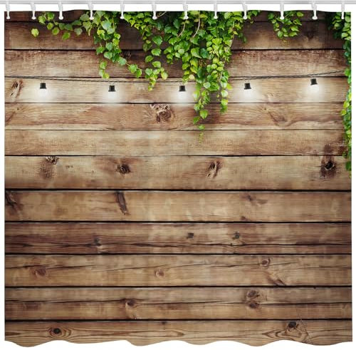 Qucarder Vintage Wooden Board Door Shower Curtain Garden Scenery Green Leaves on Farmhouse Country Wood Plank Waterproof Shower Curtains for Bathroom Decor with 12 Hooks 72x72 Inch