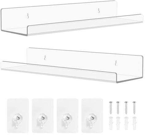 Kitnelw 2 Pezzi Mensole da Muro Senza Foratura in Acrilico con Viti Mensola Sospesa Mensole a Muro per Piccoli Oggetti 30 x 8 x 3,5 cm