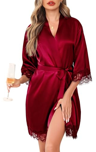 Lovasy Kimono Saten Mujer Verano Manga 3/4 Encaje Albornoces de Casa Sexy Corto Japones Kimono Mujer con Cinturón,Rojo púrpura,L