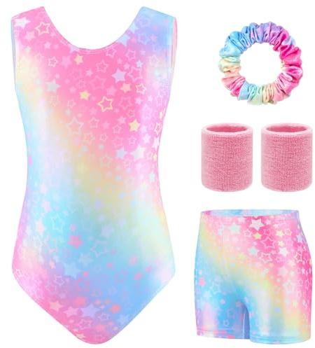 TOSZOLY Maillot Gimnasia Rítmica Niña – Conjunto 5 Piezas, Maillot Sin Mangas, Falda, Cinta para el Cabello, Muñequeras, Tenue de Ballet para Niñas de 4 a 9 Años para Espectáculos, Entrenamiento