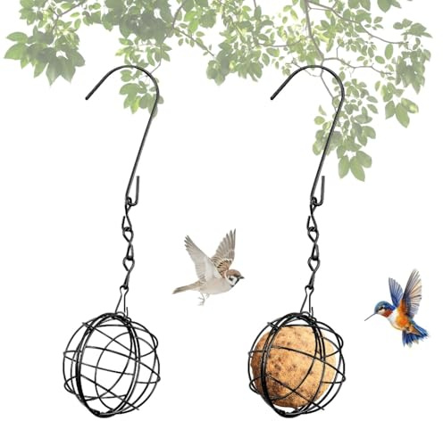 Porte-boules de graisse pour mésanges, lot de 2 distributeurs de nourriture pour oiseaux à suspendre, support de boules de graisse pour mésanges avec couvercle rabattable, distributeur de nourriture