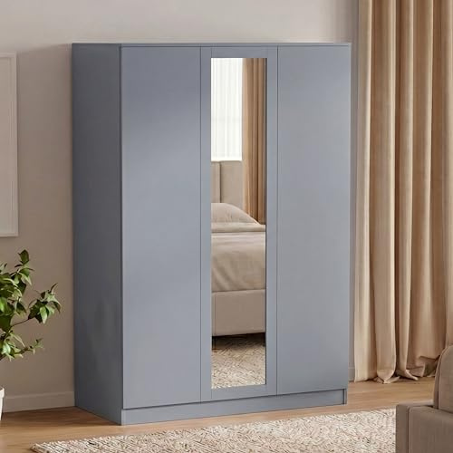 Vida Designs Denver 3 Door Mirrored Wardrobe | Grey | 170H x 116W x 54D cm | Modern Bedroom Furniture | With Storage Shelf & Hanging Rail | Large Capacity Storage