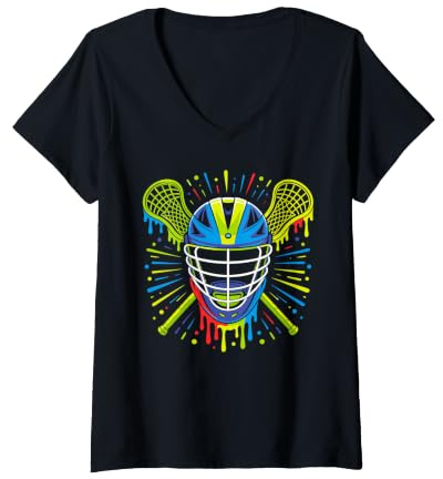 Women's Colorful Dripping Helmet Lacrosse Vibes V-Neck T-Shirt
