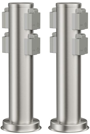 ledscom.de 2 Stück Garten Steckdosensäule PORU für außen, IP44, 4-Fach, Edelstahl, Edelstahl, rund, 39 cm