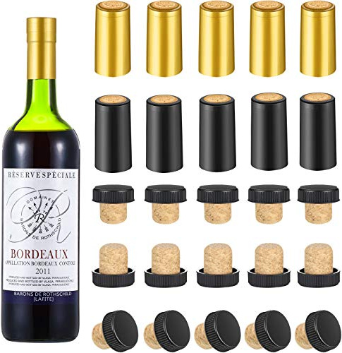 Blulu 100 Pack Wine Sealer for Wine Bottles, 50 Pcs Cork Stoppers and 50 Pcs PVC Heat Shrink Capsules Bottle Resealer Kit for Cruise Home Cellars Wedding Christmas Party(Gold, Black)