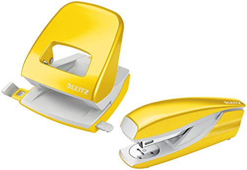Leitz Locher (30 Blatt, Anschlagschiene mit Formatvorgaben, Metall, Wow) (Gelb metallic + Heftgerät)