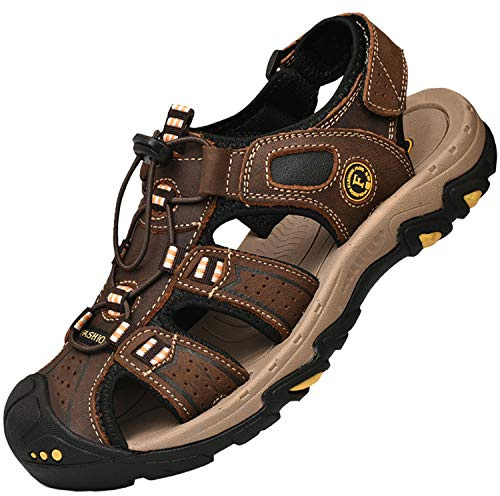 Lvptsh Men's Sports Outdoor Sandals Closed Toe Summer Beach Shoes Leather Casual Trekking Hiking Outdoor Sandals,Brown,UK9