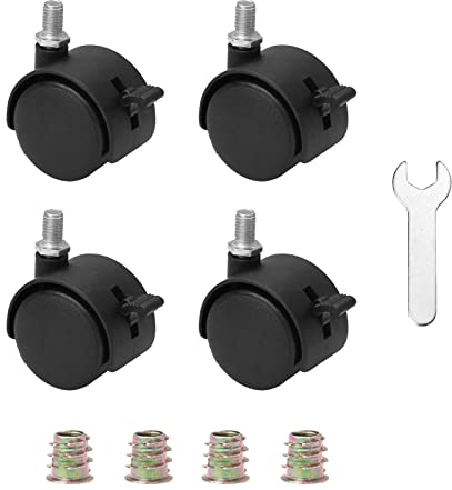 Juego de 4 ruedas giratorias de nailon con freno, ruedas giratorias negras con tuerca de vástago roscado M8 y llave, ruedas de plástico, color negro