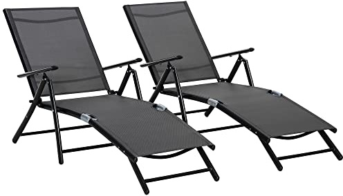 Outsunny Set 2 Sedie Sdraio da Giardino Pieghevoli con Schienale Regolabile in 7 Posizioni, Lettino Prendisole Sdraio da Spiaggia in Alluminio e Rete Traspirante, Nere