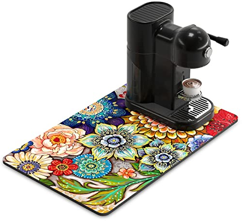 Rnivvi Coffee Mat, 12 x 19 Cute Flower Theme Coffee Bar Mats for Espresso Machine Station Accessories and Organizer, Hide Stain Rubber Backed Absorbent Dish Drying Pad for Kitchen Counter, Mandala