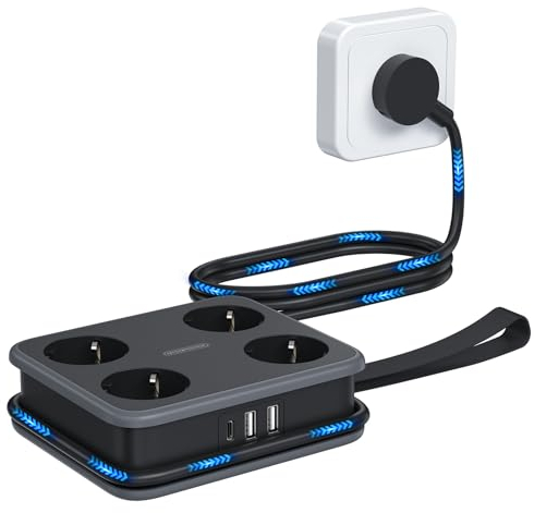 Multiprise USB-C NTONPOWER 4 Prise Multiprise Electrique Multiple 2 USB-A avec 1 USB-C Prise de Distribution Multiprise Murale 1,6 Mètre, Multi Protection, Noir