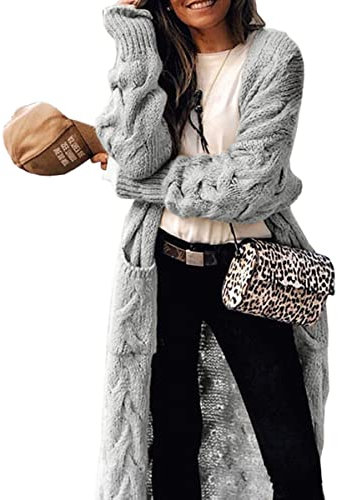 Tongmingyun Strickjacke Damen Lang Cardigan Grobstrick Langärmelige Strickmantel Damen Warm Elegant Open Front Sweater Winter Grau M