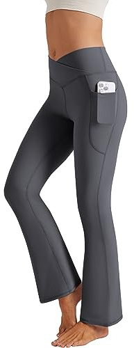 Glacspyg Yogahose Damen，Schlaghose mit Taschen V-Taille Bootcut Sporthose Freizeithose Jogginghosen für Fitness Dunkelgrau XL