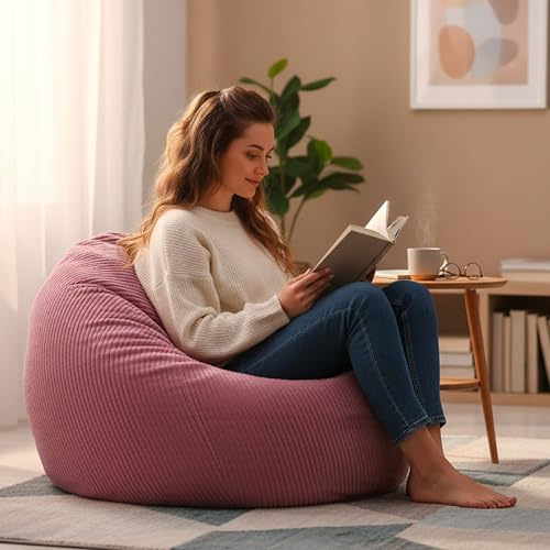 LIVEDECO - Pouf Poire Déhoussable avec Billes, Velours Côtelé Rose, Intérieur pour Salon, Chambre - BiG52