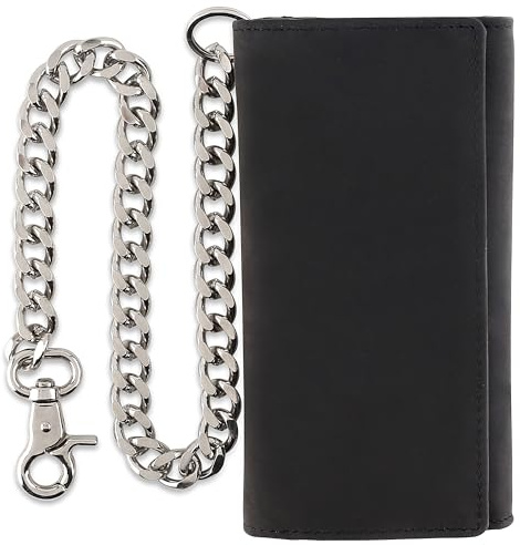 F&L CLASSIC RFID Blocking Mens Tri-fold Long Style Cowhide Leather Steel Chain Wallet,buffalo premium black leather,212-60