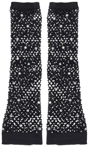 GORGECRAFT 2 Paire de Gants en Résille Strass pour Femmes Noirs 80s Gants en Nylon Chauffants en Maille sans Doigts Paillettes Filet de Poisson Manchon de Bras pour Femmes Filles Costume d'halloween