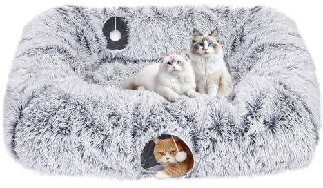 Extra Large Cat Tunnel Bed, 4 Ways Tunnels for Indoor Cats, Multi-cat Family Cat Bed & Cave, Plush Cat Donut with Washable Middle Mat, Exit Balls, Pet Play Toy for Kitten Puppy Rabbit