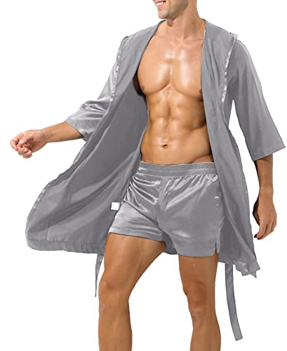 Peignoir court et léger en satin pour homme - Robe de chambre en soie - Kimono - Vêtement de nuit confortable - Col V - Peignoir de sauna avec ceinture - Vêtement de détente sexy