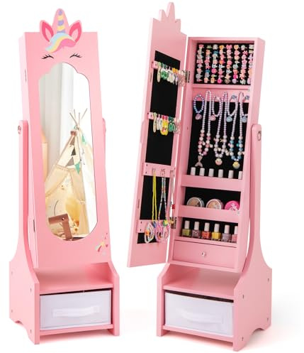 GYMAX Armadio per Gioielli per Bambini con Specchio a Figura Intera e Cassetto, 2 Angoli di Inclinazione Regolabili, Armadio per Gioielli da Principessa per Cameretta, 31,5 x 30 x 115 cm (Rosa)