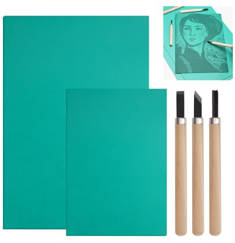 5 Stück Linoldruck Platte, A4 A5 Linolschnitt Platten, Weichgummi Linoldruck Platte, Linoleum Platten, Grün Flache Oberfläche Linolschnitt Set, Stempelgummi Linolschnitt, für Stempelschnitzerei