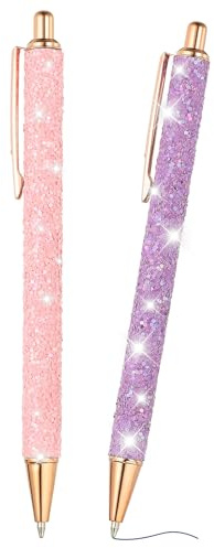 PATIKIL Glitter kulspetspenna, 2 st glittrande fina paljetter glitterpenna infällbar press metall journalföring skrivpennor svart bläck för kvinnor flickor kontor födelsedag, rosa lila