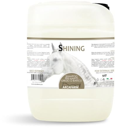 Tanica 5 lt Shampoo per Cavalli Grigi o Bianchi Shining azione efficace anti-giallo elimina macchie, adatto a tutti i tipi di manti grigi bianchi chiari, per coda e criniera - 100% Made in Italy
