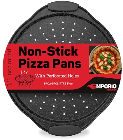 Non-Stick Pizza Pan with Silicone Handle 1 Pack, 13 Inch Round Carbon Steel Tray with Perforated Holes, Dishwasher & Oven Safe Up To 450°F, PFOAPFOSPTFE Free, Durable Nonstick Gray Marble Coating
