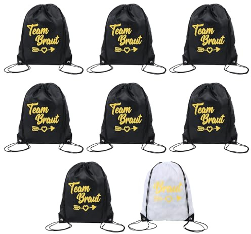 LEKEFETO 8 stycken team brud gymväska set – JGA ryggsäck dam med dragsko – brudväska bröllop fest – svart och vit 42 x 34 cm för svensexa brudfest