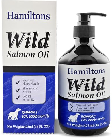 Hamiltons Wild Salmon Oil for Dogs & Cats – Pure Natural Omega-3 Supplement with Vitamin E – Promotes Healthy Skin, Shiny Coat Care, Joints & Heart – Pet Salmon Fish Oil