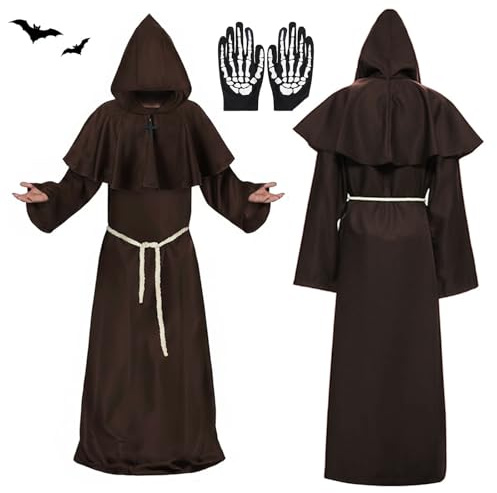 Tccydm Costume da Monaco Medievale Abito Sacerdote,Costume Monaco,monaco costume,costume frate uomo,Con Cappuccio Corda In Vita E Collana A Croce,Costumi carnevale Adulti,per Carnevale Cosplay (XXL)