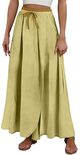 Duohropke Gonna estiva da donna, in lino, linea ad A, con vita elasticizzata, stile boho, vintage, ricamato, a tunica, con tasche