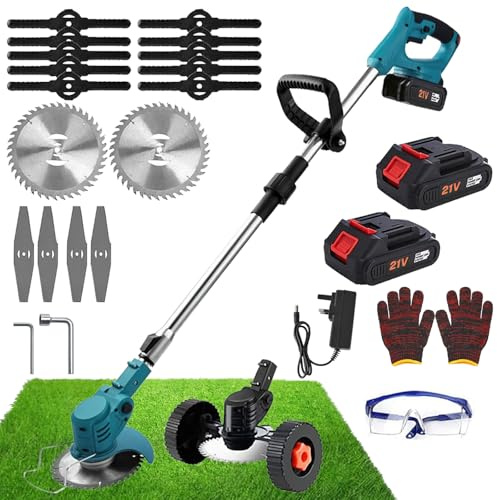 Tagliabordi Senza Fili, Decespugliatore Elettrico Senza Fili, Decespugliatore con 2 Batterie e Un Caricatore, Impugnatura Regolabile, 4 Tipi di Lame Efficaci per Giardino, Prato e Diserbo Facile (Blu)