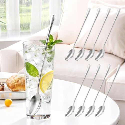 8 stycken långa latte macchiato-skedar set 19,5 cm rostfritt stål diskmaskinssäker | Långa glasskedar rostfritt stål polerade tesked handtag blandpinne för kaffe te milkshakes cocktails desserter glassbägare
