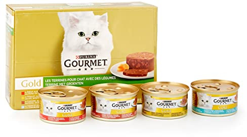 GOURMET | GOLD | Les Terrines | Chat Adulte | Délicieuses recettes à la viande, poisson et légumes à la texture légère et savoureuse | Au Poulet, Boeuf , Canard, Thon | Boîtes | Lot de 8 (12x85g)