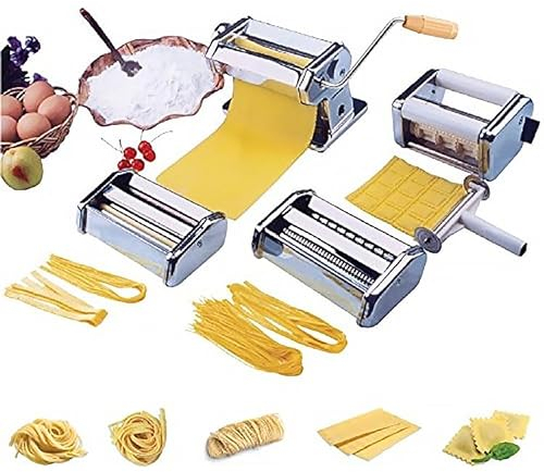 Heavy Duty 5 in 1 Stainless Steel Professional Fresh Pasta Lasagne Spaghetti Tagliatelle Ravioli Maker Machine Cutter with 3 Cut Press Blade Settings and Table Top Clamp