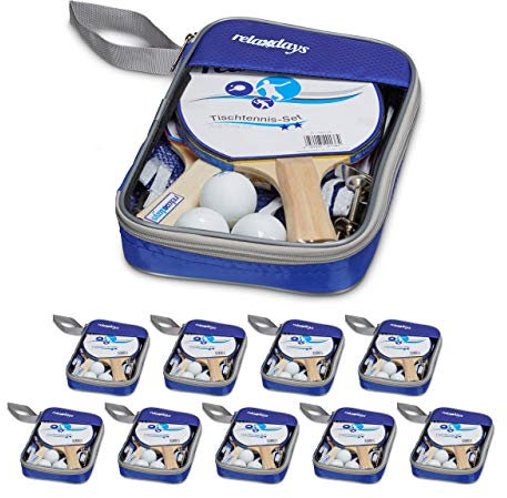 Relaxdays 10 x bordtennis-set, 10 fickor, 20 träkällor, 30 bordtennisbollar, 10 ping pong nät 150 cm, bordtennistillbehör, blå