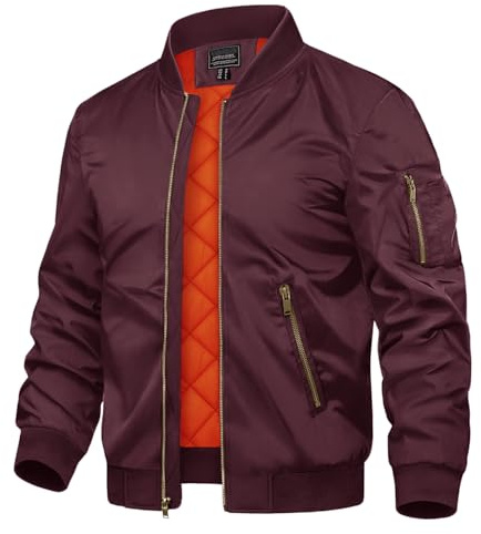 TACVASEN Men's Jackets Windproof Bomber Jacket Casual Padded Full Zip Coats Wine Red, M