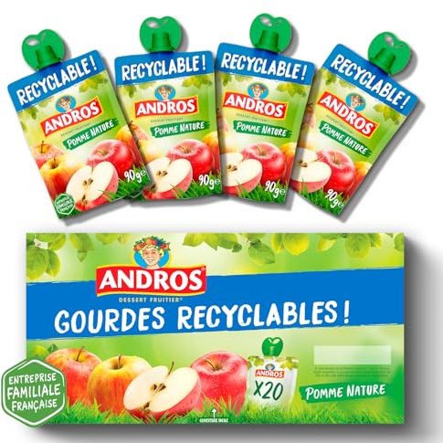 ANDROS - Compote de Fruit - Gourde Recyclable - Allégé - Goût Pomme - Idéal pour le Goûter des Enfants - 20 Unité (Lot de 1)