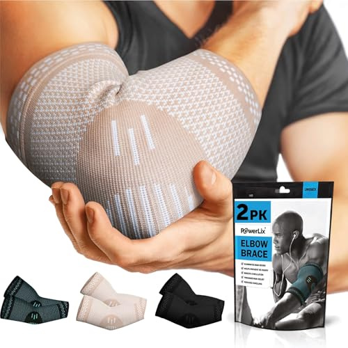 POWERLIX Gomitiera per Uomini/Donne (2 Pezzi) Supporto con Compressione per il Braccio per Tendinite, Gomito del Tennista/Golfista, Supporta le Maniche per la Protezione Durante lo Sport, Beige, XL