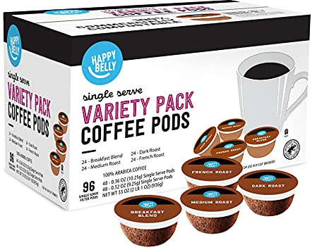 Amazon Brand - Happy Belly Variety Pack Compostable Coffee Pods, Compatible with K-Cup Brewer (Breakfast Blend, Dark/ Medium/ French Roast) 96 count (Pack of 1)