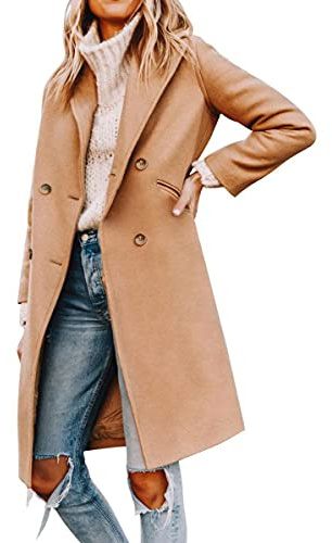 Yousify Pea Coats for Women Notched Lapel Double Breasted Wool Coats for Women Camel Long Winter Coats 2025