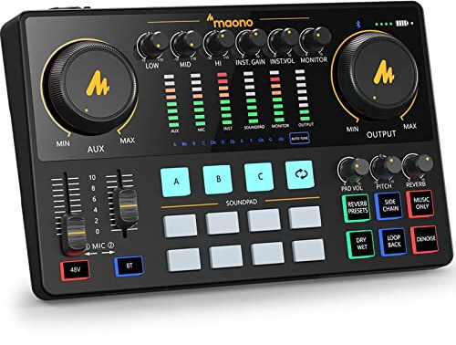MAONO Audio Interface, MaonoCaster 10-Channel Podcast mixer with Pro-preamp, 48V Phantom Power, Bluetooth, 11 Customize sound pads for Recording, Streaming, Youtube, TikTok, PC, Guitar (AME2)