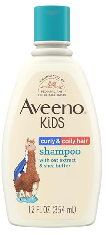 Aveeno Kids Curly & Coily Hair Shampoo, Hydrating Shampoo for Type 3 & 4 Hair, Kids Curly Hair Products suitable for Sensitive Scalps with Oat Extract & Shea Butter, Paraben-Free, 12 fl. oz
