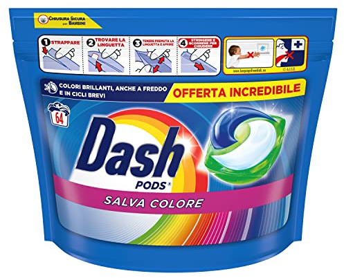 Dash Pods Detersivo Lavatrice In Capsule, 64 Lavaggi, Salva Colore, Mantiene I Colori Brillanti, Efficace Anche A Freddo E In Cicli Brevi