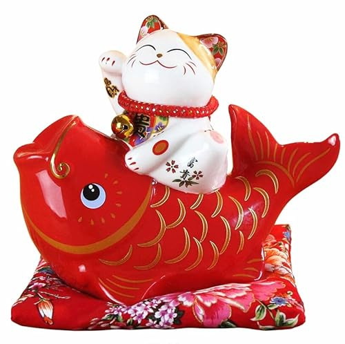 EatingBiting 7.3 Feng Shui Lucky Fortune Maneki Neko Cat Figurine Ceramic Money Piggy Bank harm Cat and Fish Feng Shui Deoration Lucky Cat for Shops, Restaurants, Living Room and Home Decoration