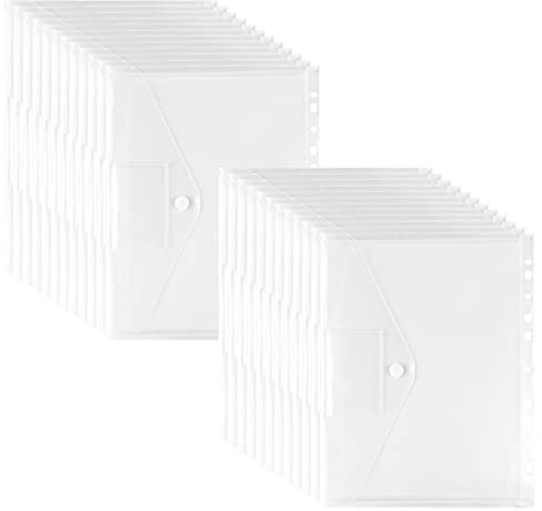 Fousenuk 24 Piezas Carpetas Plastico A4, Transparente Impermeable Carpeta Portafolios con Botón, Reutilizable11 Agujeros Fundas de Sobre, Bolsas de Documentos para Oficina, Escuela, Hogar
