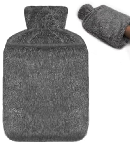 Jsdoin Hot Water Bottle with Luxury Cosy Faux Fur Cover UK, 2L Leakproof Hot Water Bag for Neck, Shoulder Pain and Hand Feet Warmer (Darkgrey)